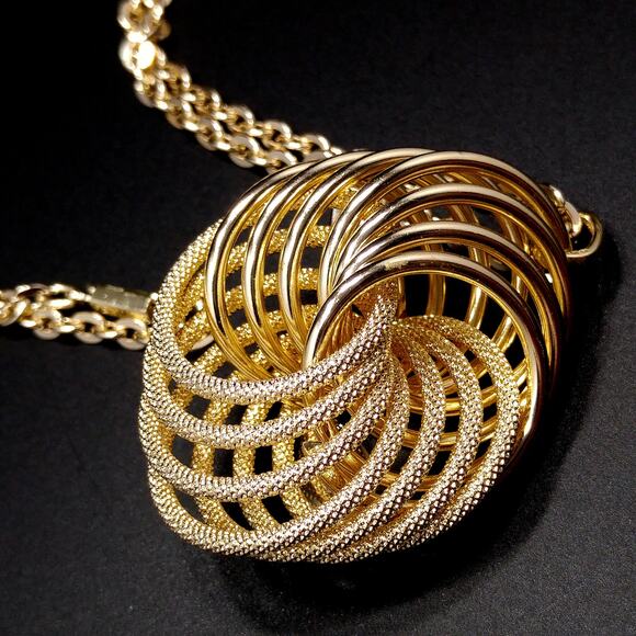 Vintage Germany Gold Tone Swirl Pendant Necklace Red AB Rhinestones 1960s - Picture 9 of 10